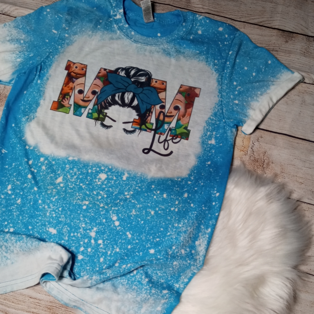 Bleached Blue and White Cocomelon Mom Life Shirt